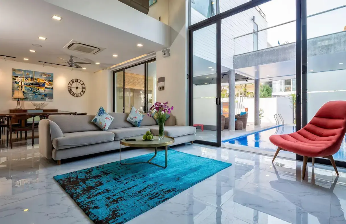Spacious living room in a Da Nang villa for group gatherings and activities