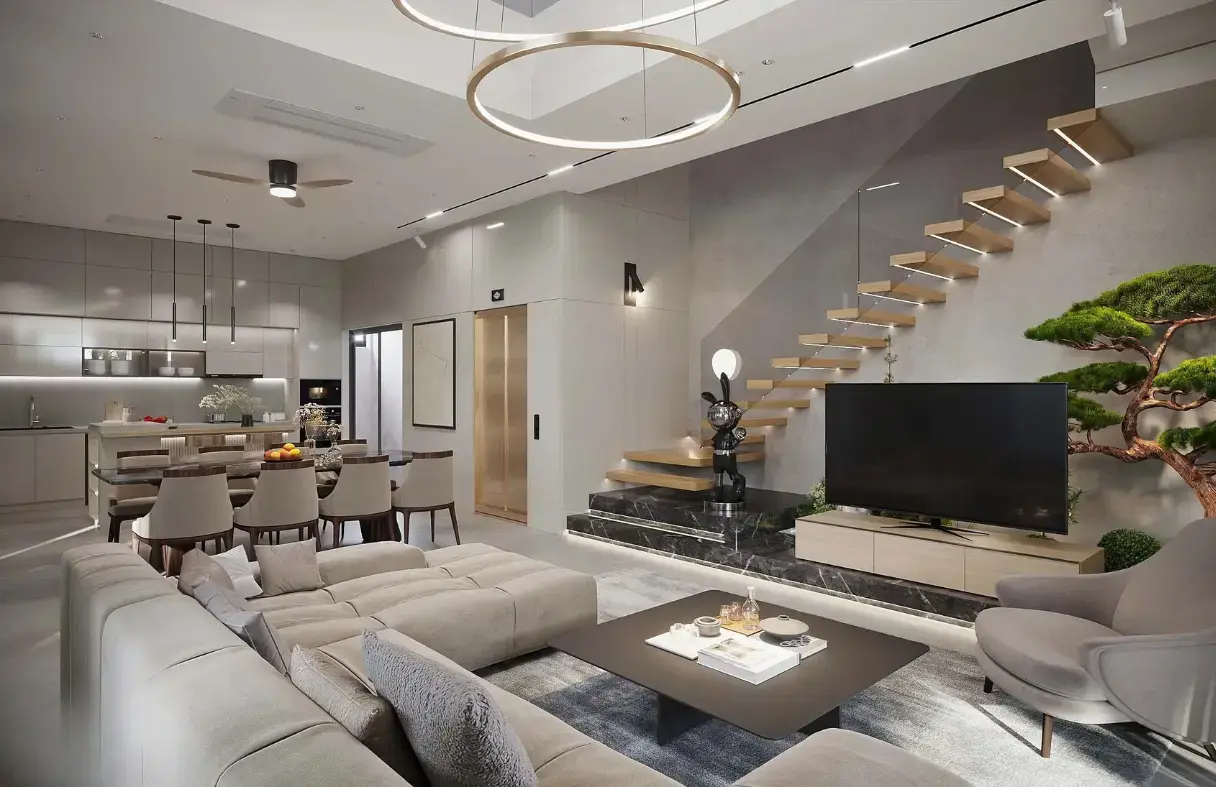 Modern villa living room in Da Nang featuring an open-plan layout and minimalist interior design