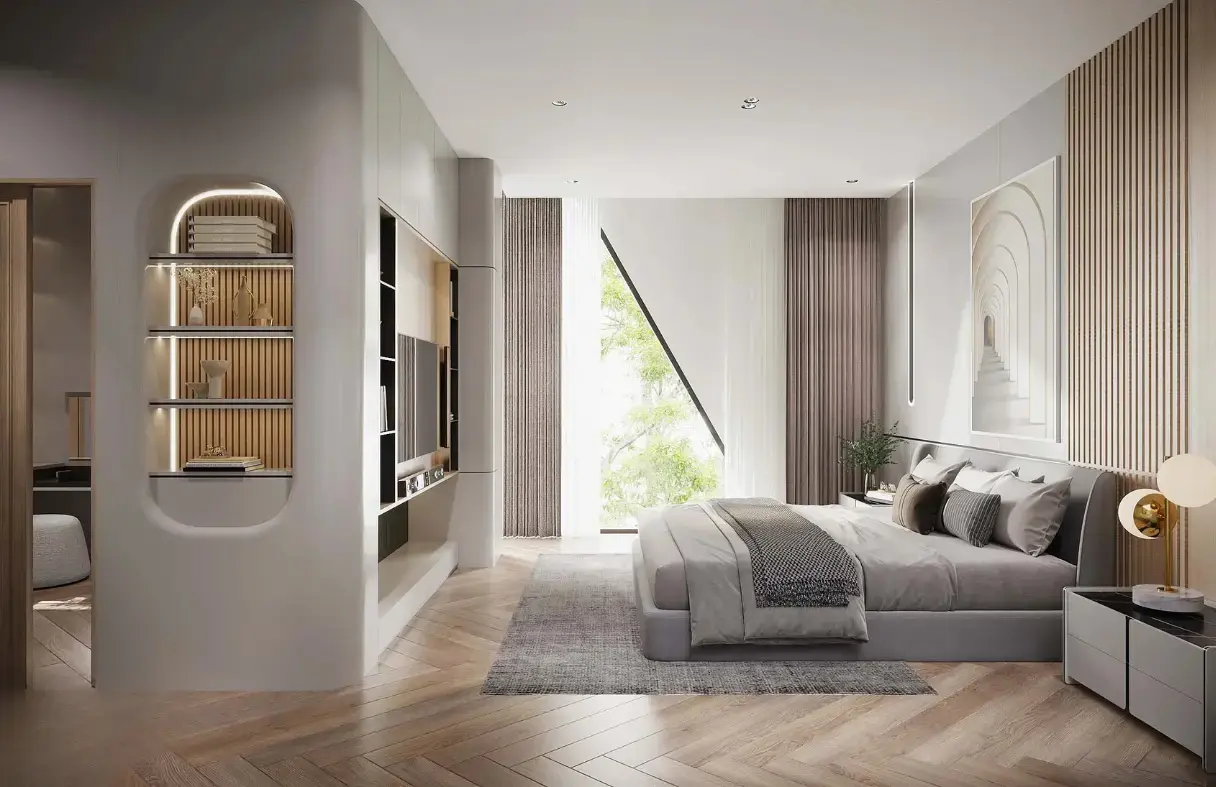 Phòng ngủ master villa hiện đại tại Đà Nẵng với thiết kế tối giản, ánh sáng tự nhiên và cảm giác thư giãn