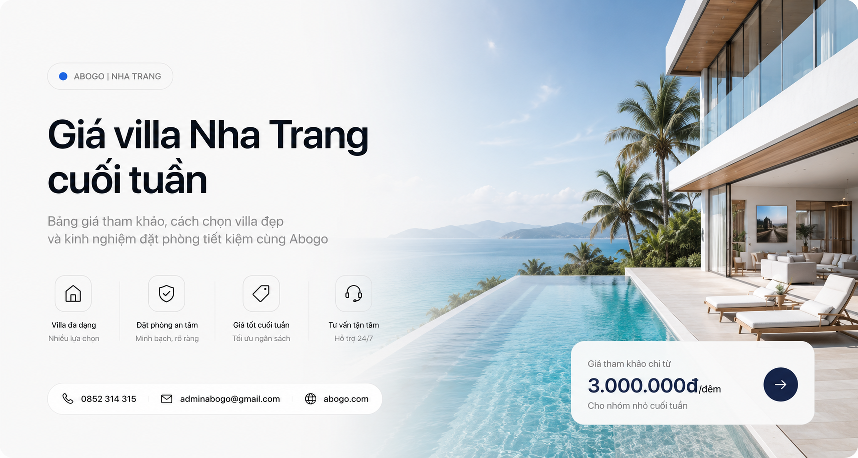 Giá villa Nha Trang cuối tuần: Bảng giá tham khảo, cách chọn villa đẹp và kinh nghiệm đặt phòng tiết kiệm cùng Abogo