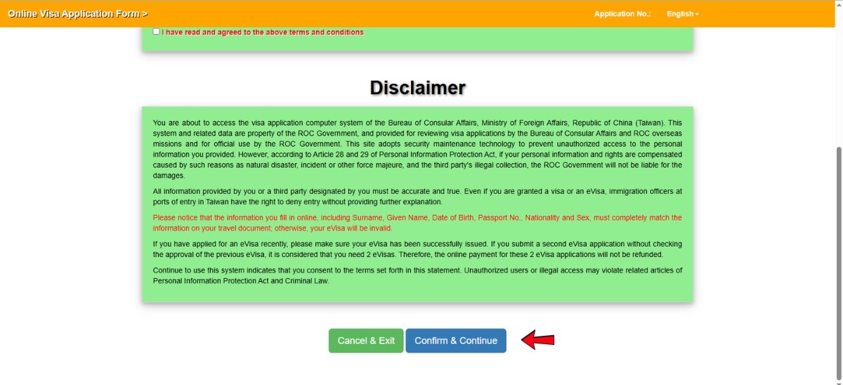 nhấn Confirm & Continue để chuyển về trang chính, bắt đầu khai form xin visa Đài Loan online