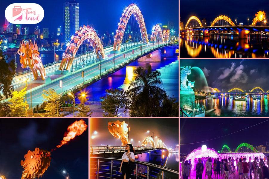 Dạo bộ trên cầu Rồng vào buổi tối với ánh đèn lung linh