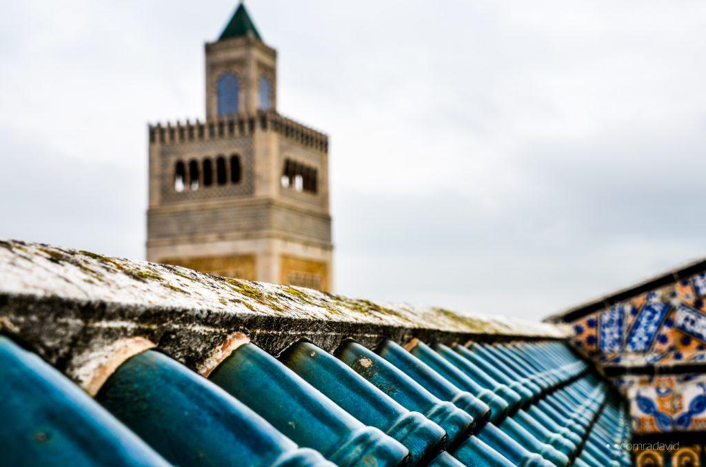 A view over the Great Mosque of Ez-Zitouna in Tunis, Tunisia.