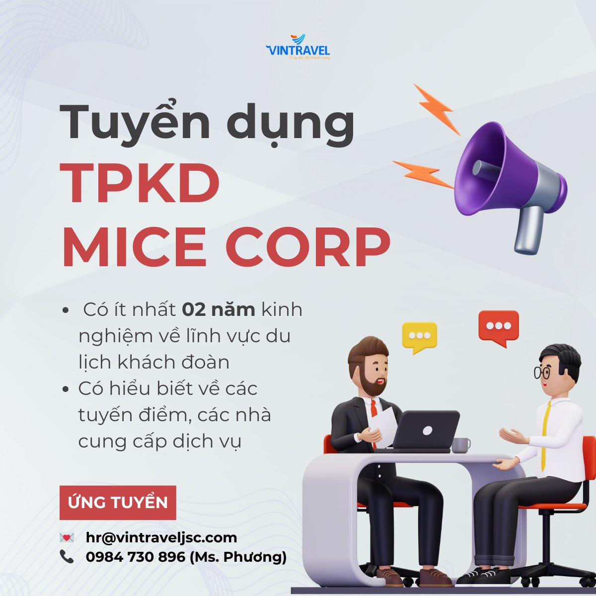 VINTRAVEL TUYỂN DỤNG VỊ TRÍ TRƯỞNG PHÒNG KINH DOANH MICE CORP THÁNG 01.2024